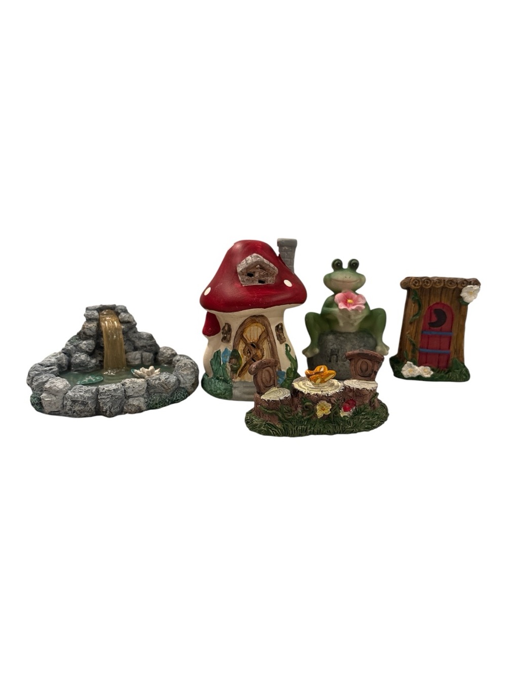 Fairy Garden  set Items Whimsical Red Mushroom, waterfall & outhouse total 5